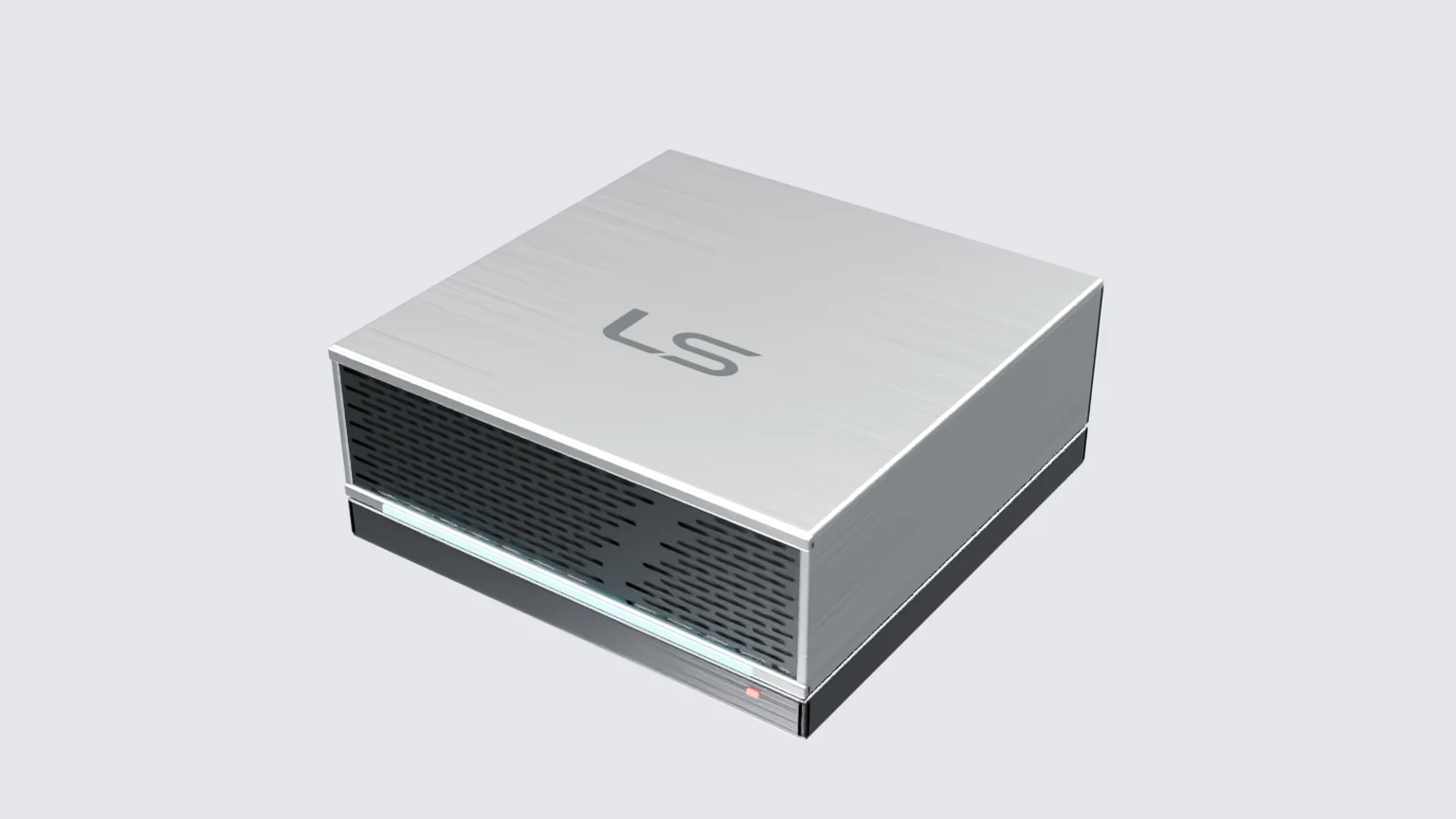 3D render of a private AI appliance that separates into its parts: aluminium chassis, cooling fans, copper heatsink with heat pipes, AI superchip with up to 128 GB of unified memory, mainboard with local NVMe storage, and a base with high-speed I/O ports.